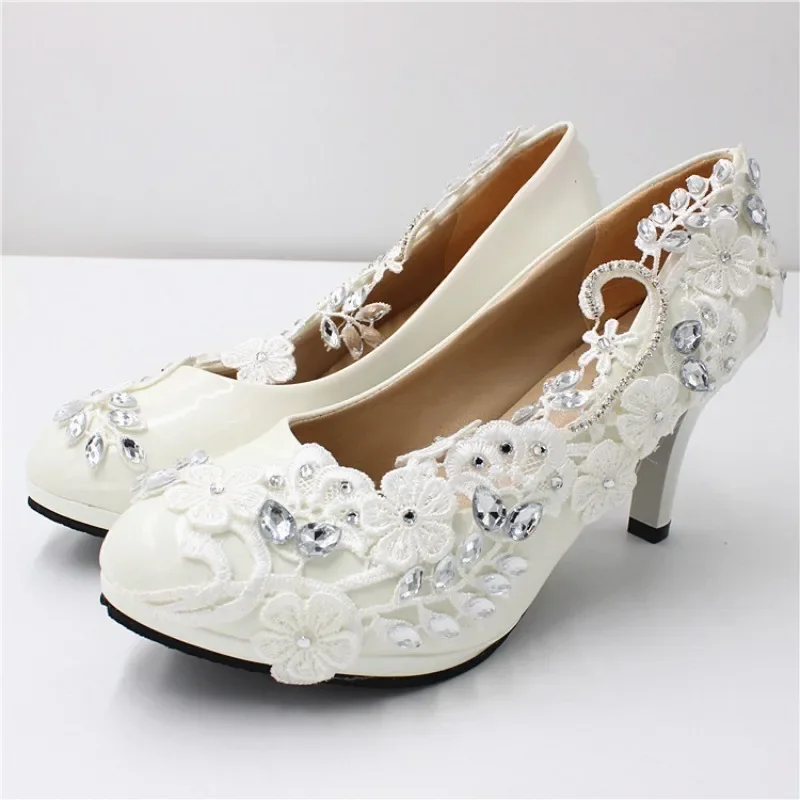 Sexy Pumps Women Wedding PU 3 5 8CM Thin Heels Fashion Water Diamond Flower Shallow Lace Women Party Mule Shoes White