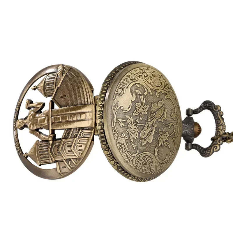 Bronze Hollow Out TBILISI GEORGIA Design Men Women Quartz Analog Pocket Watch Arabic Number Necklace Pendant Chain Timepiece