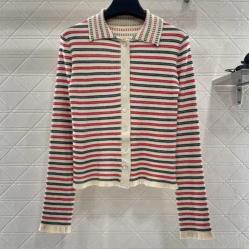 

High-quality women's striped cardigan with single-button lapel and lace ruffles sweater fashion clothes 2592614