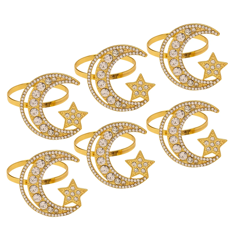 

6pcs Gold Star Moon Rhinestone Napkin Rings Table Decorations Dining Decors Metal Bands For Restaurants Weddings