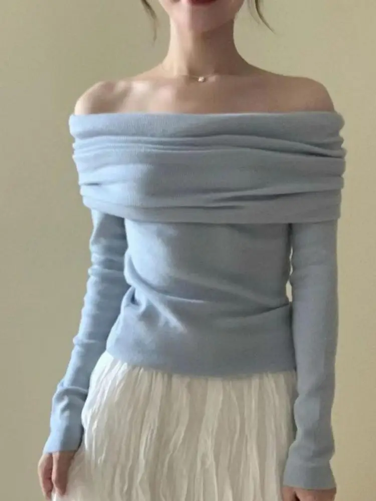 

Autumn Winter New French Long Sleeve Off Shoulder Pleated Knitted Tops Women's Elegant Festival Versatile Pullover Sweater Trend
