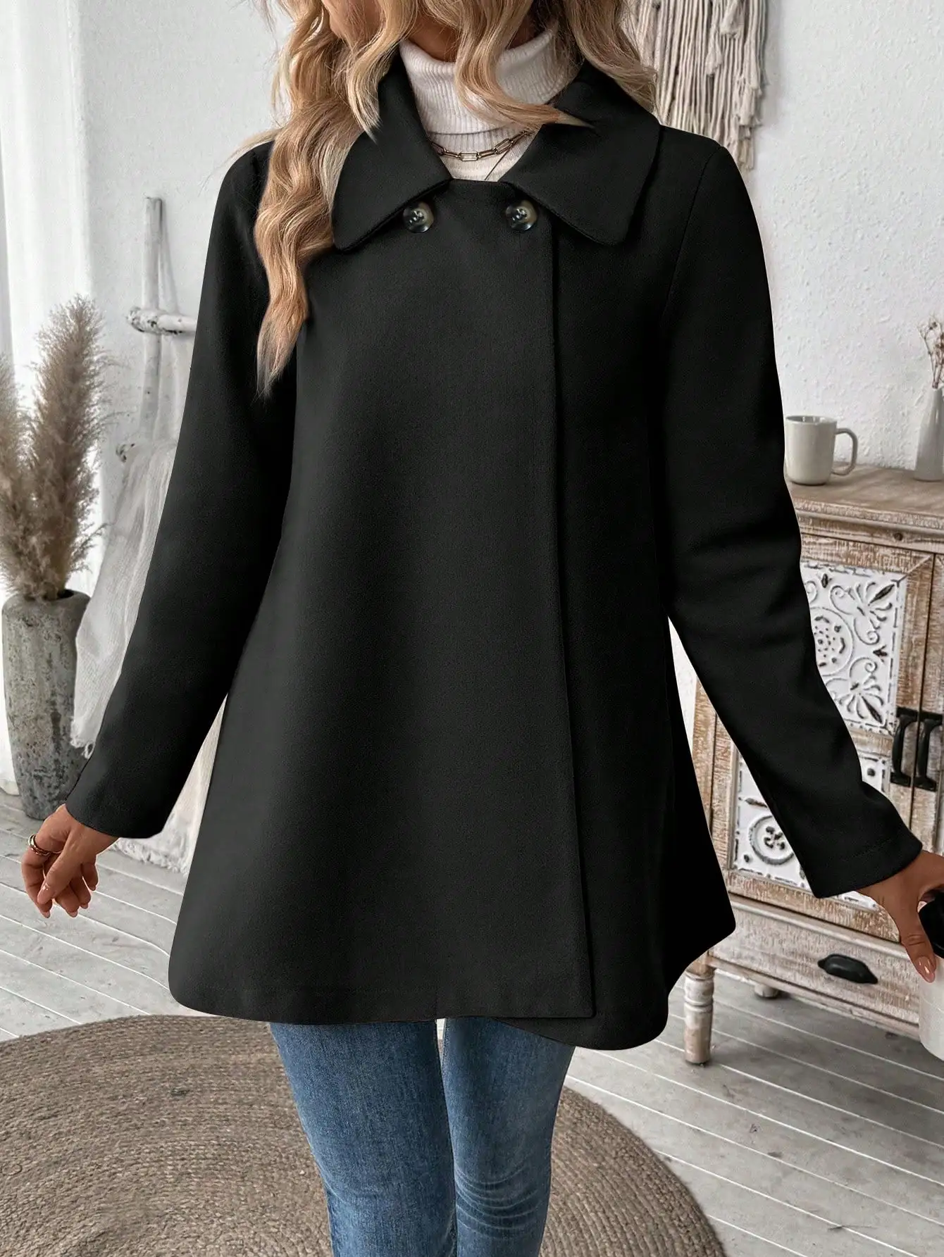 

Women's Black Double-Breasted Long Sleeve Casual Jacket