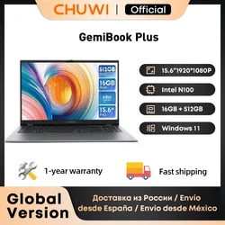 Ноутбук CHUWI GemiBook Plus с диагональю 15,6 дюйма, 16 ГБ ОЗУ, 512 ГБ SSD, компьютер, Windows 11, ноутбук 12-го поколения Intel Alder Lake N100 (до 3,4 ГГц)