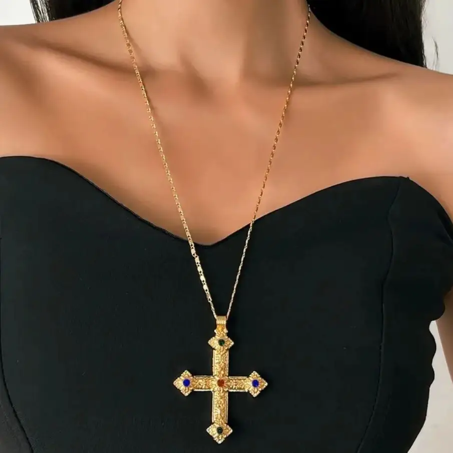 PuRui Vintage Gold Color Fine Long Chain Necklace Women Jesus Cross Pendant Rhinestones Beads Choker 2025 Fashion Neck Jewelry