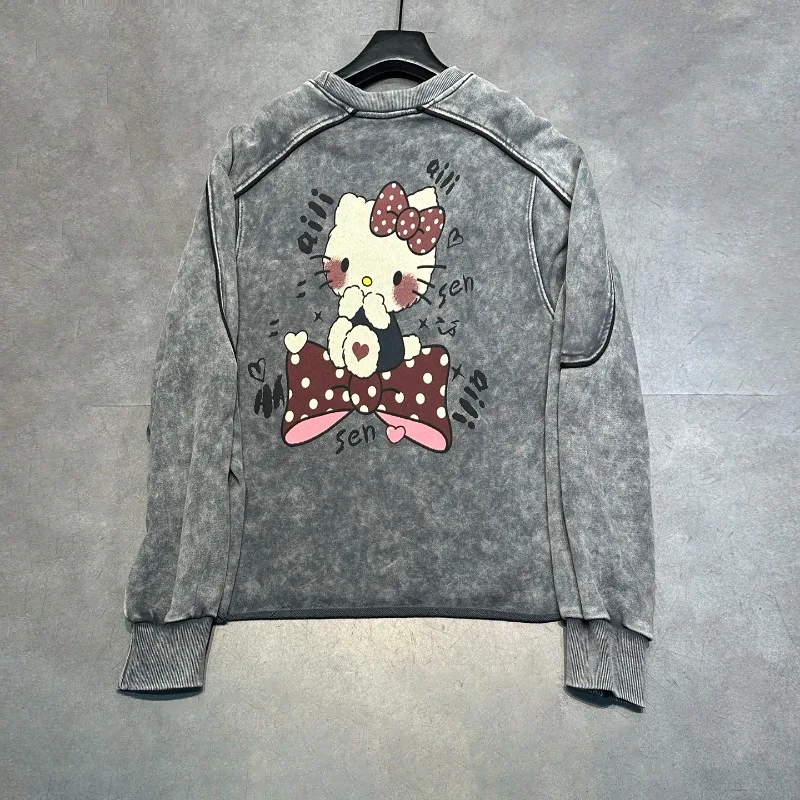 2025 الربيع والخريف الصناعة الثقيلة جديد الترتر طباعة الكرتون طاقم الرقبة البلوز للنساء فضفاض الحلو نمط هوديس #3