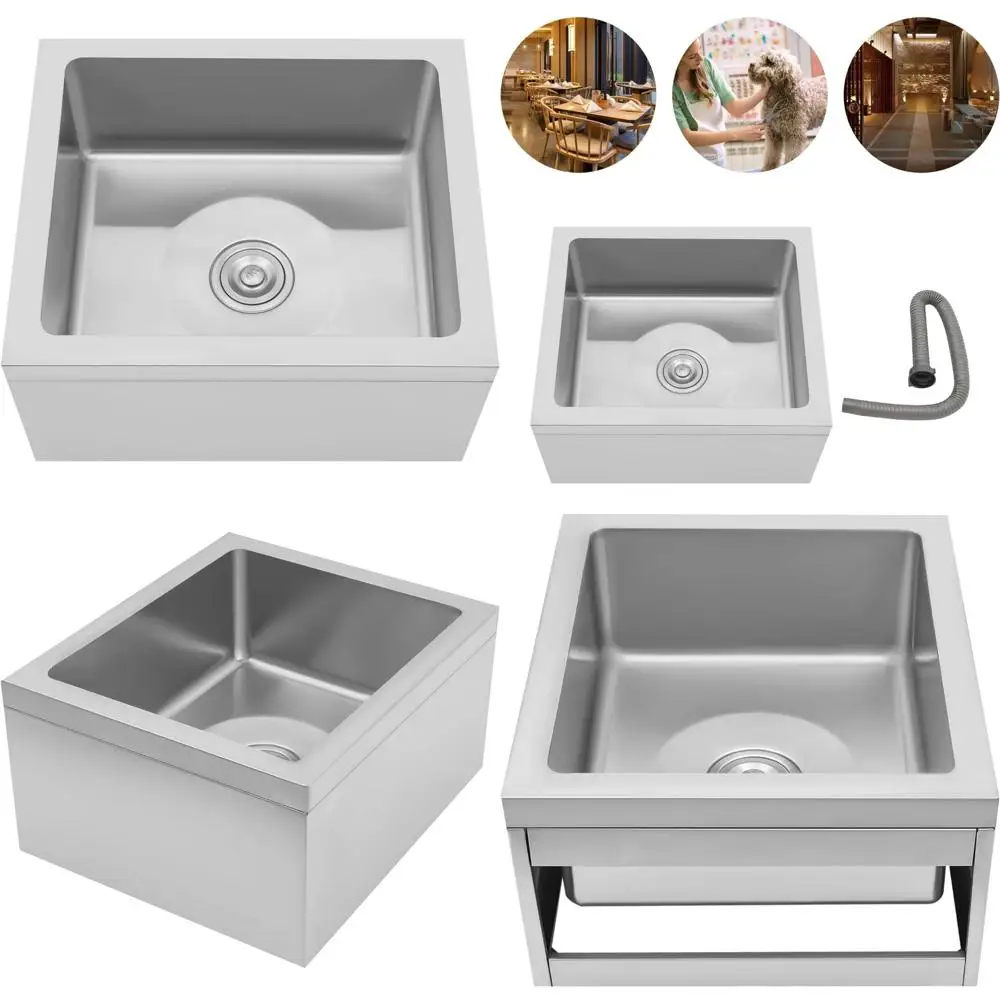 

Stainless Steel Commercial Mop Sink with Single Bowl, Strainer, and Hose - Undermount for Indoor & Outdoor Kitchen Use