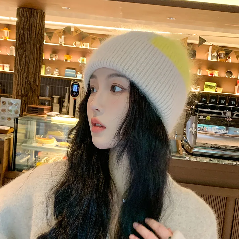 

Knitted large-Head Rabbit Pullover Hat Hugger Toque Cap Stocking Head Watch Women Autumn winter Plush warm Woolen 8M80