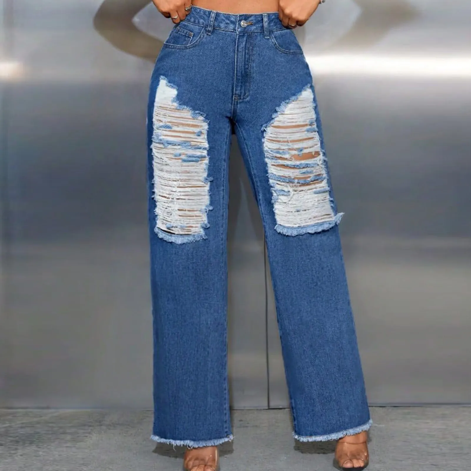 خفيفة الوزن الربيع/الخريف السراويل النساء ممزق الجينز المرأة الجينز مستقيم الساق واسعة العمل السراويل للنساء فضفاض الجينز Y2k Pantalone #4