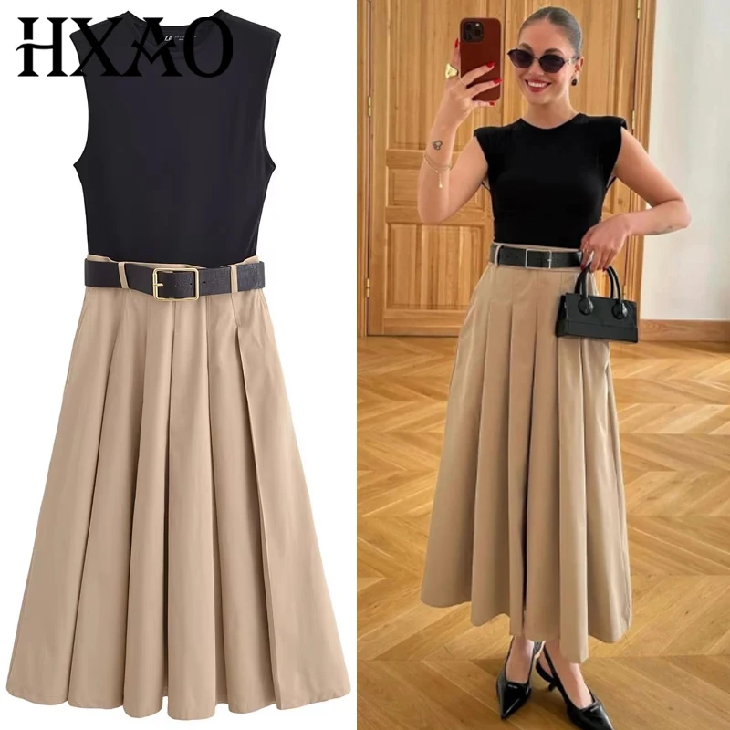 HXAO Plissee Kleid Damen Kleid Sommer Herbst Mode Midi Patchwork Lange Ärmellose Kleider Elegante Gürtel Kleid Resort Vestidos