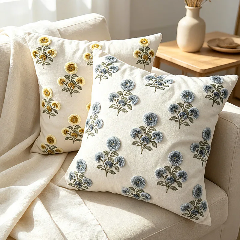 Boho Floral Tufted Embroidered Throw Pillow Cover Vintage Flower Cushion Case Beige Linen Pillowcase For Sofa Living Room Home