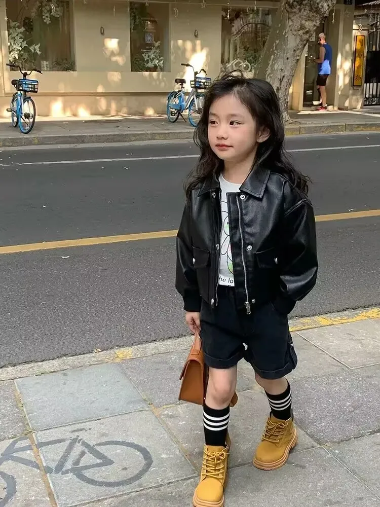 

Spring and Autumn New Kids Boys Fashionable Jacket Children's Motorcycle Leather Coat Baby Girls PU Coat