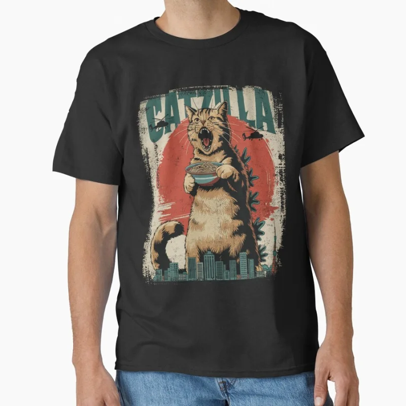 

Catzilla Giant Cat Eating Ramen Tokyo Cityscape Retro Design Monster Anime movie gift T shirt for cat lover Large size Tops
