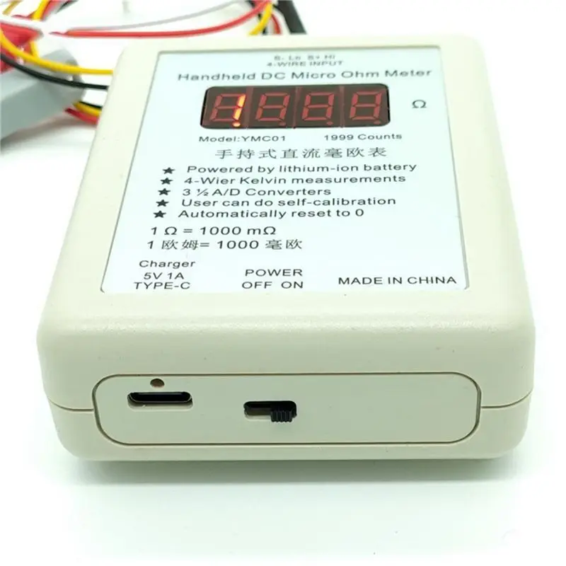 AA94-Handheld DC Milliohmmeter Low Resistance Tester 0.01-19.99Ω Four Wire Kelvin Measurement Meter Milliohmmeter