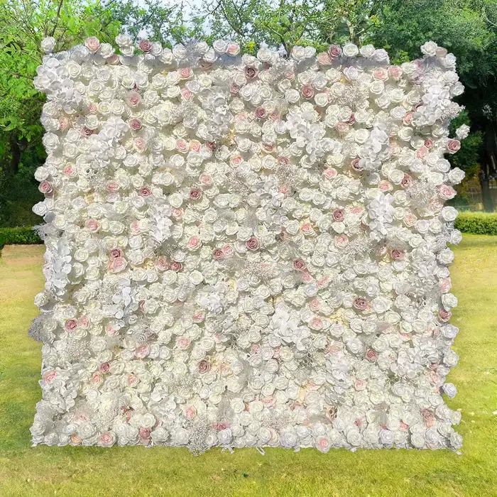 

Royal Series Deluxe Edition white pink rose 3D Cloth Roll Up Fabric Floral Wall Arrangement Event Party Stage Props Background