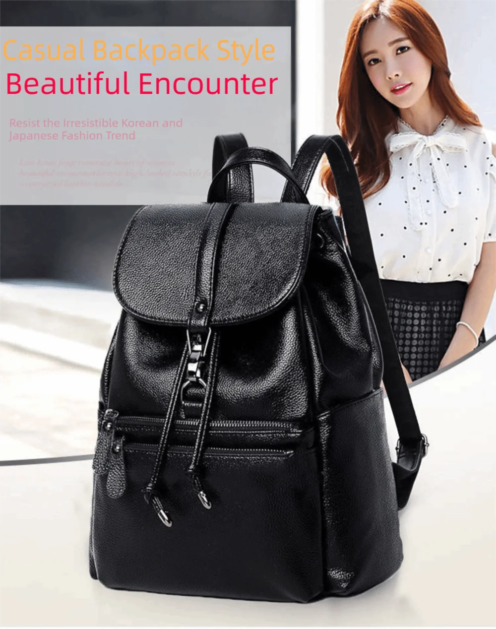 Modischer Weicher Damen-Rucksack Große Kapazität PU-Leder Schultertasche mit Reißverschluss Schulrucksack Reise-Aufbewahrungstasche – Detail 5