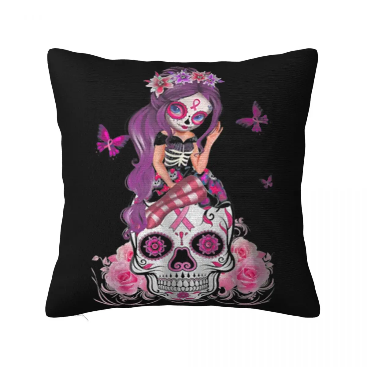 Sugar Skull Pink Ribbon Breast Cancer Awareness Flower Skulls Funny Hot Sale Designs Pillow Case