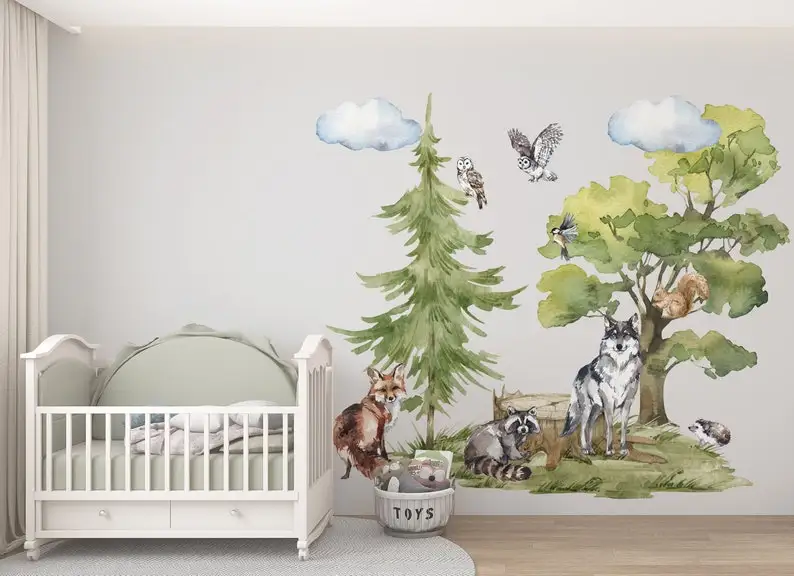 Forest Animals Wall Decal for Kids room, woodland wall decal, wolf wall decal, forest wall mural, Nursery woodland forest trees