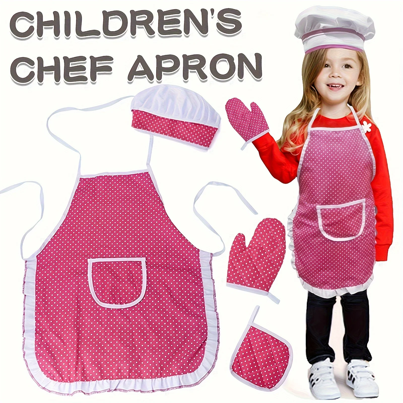 1 Set Girls Chef Role Play Costume Set Apron Chef Hat Baking Gloves Kids Cooking Dresses Pink Plaid Kitchen Play Costume