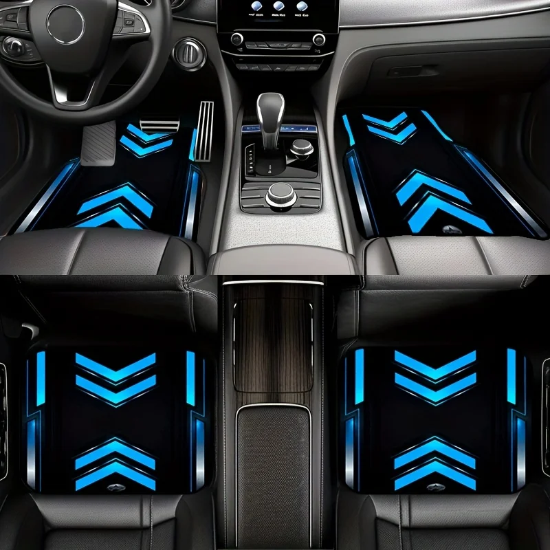 4pcs Blue And Black Cyber Mecha Style Car Mats - Universal, Anti-Slip, Wear-Resistant Floor Mats For Most Vehicles. Combines Pra