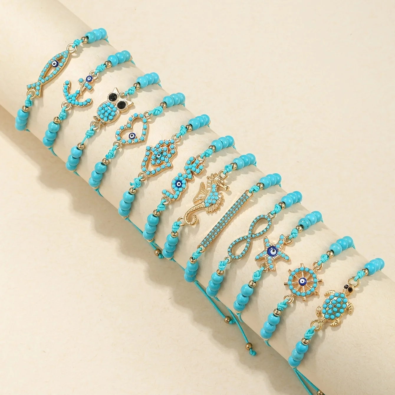 

12 Piece Set Of Geometric Seahorse Starfish Inlaid With Turquoise and Turquoise Bead Bracelet Summer Fashion Beach Bracelet
