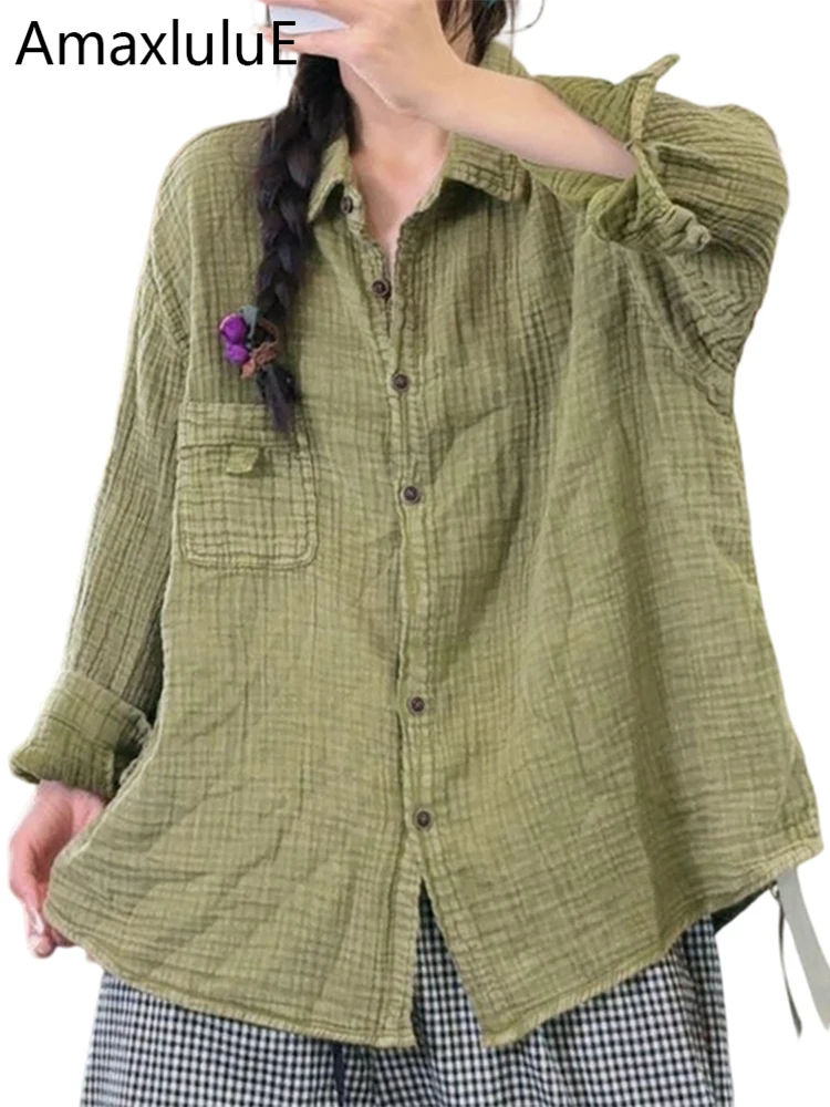 

Amax LuluE 2026 Spring Classic Solid Cotton Linen Tops Womens Vintage Korean Shirts Ladies Fashion Leisure Long Sleeve Blouses