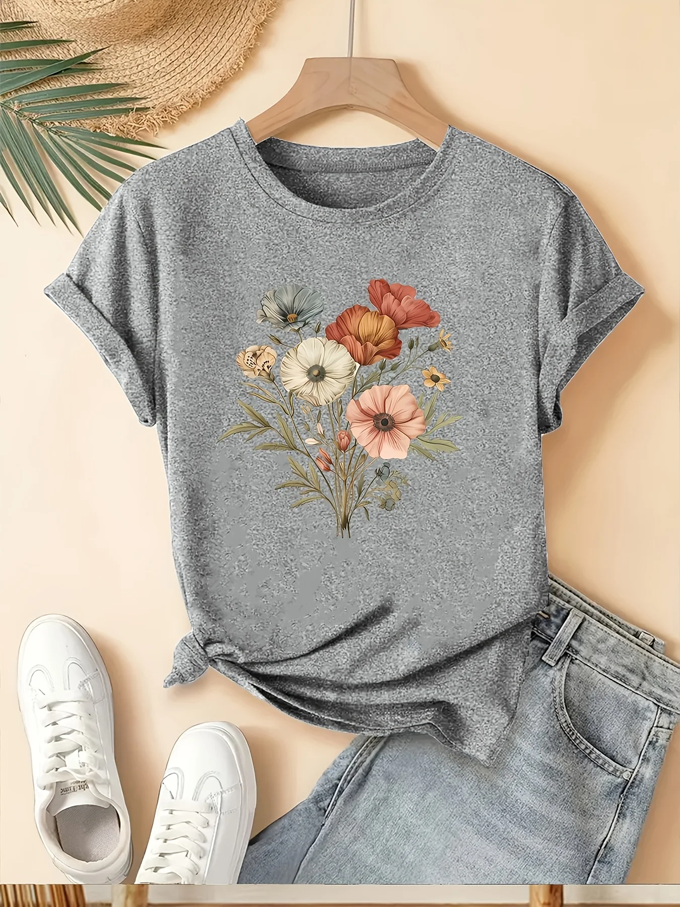 [Floral Fashion Tee] Breathable Polyester Women's Casual Fashion T-Shirt - Crew Neck Short Sleeve Colorful Floral Prin Machine image 5