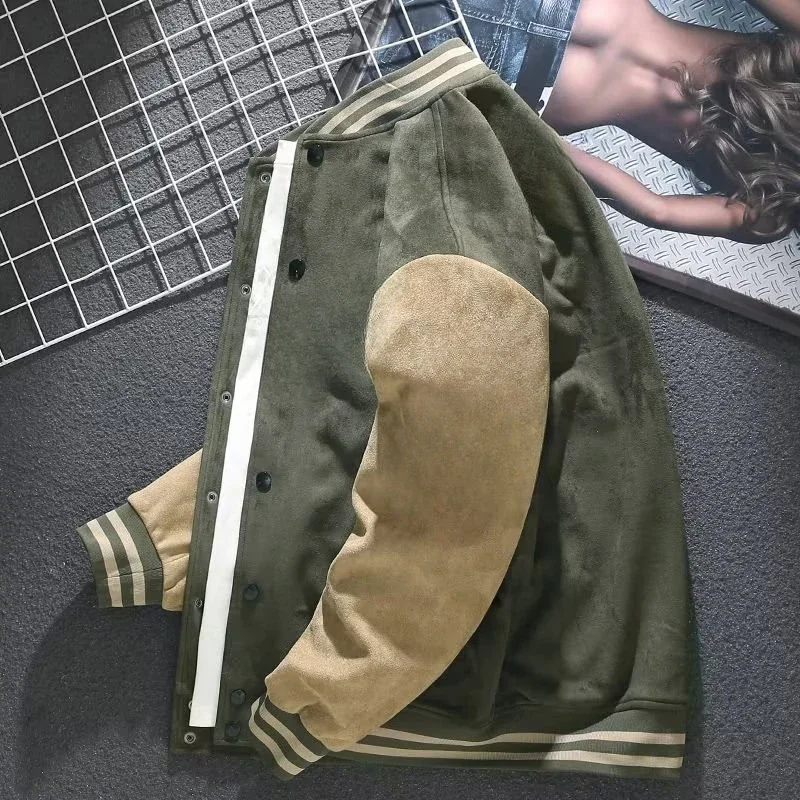 Men's Autumn/Winter Fashionable Suede Green Baseball Spring/Autumn Jacket American Retro Jacket Embroidered Loose Pilot Top