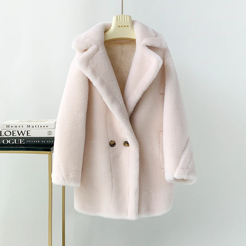 Mホーム フルウール テディベア スレアリングコート レディース ミドル丈 ルーズ ファー＆レザー インテイテッド アウターウェア 冬用保温