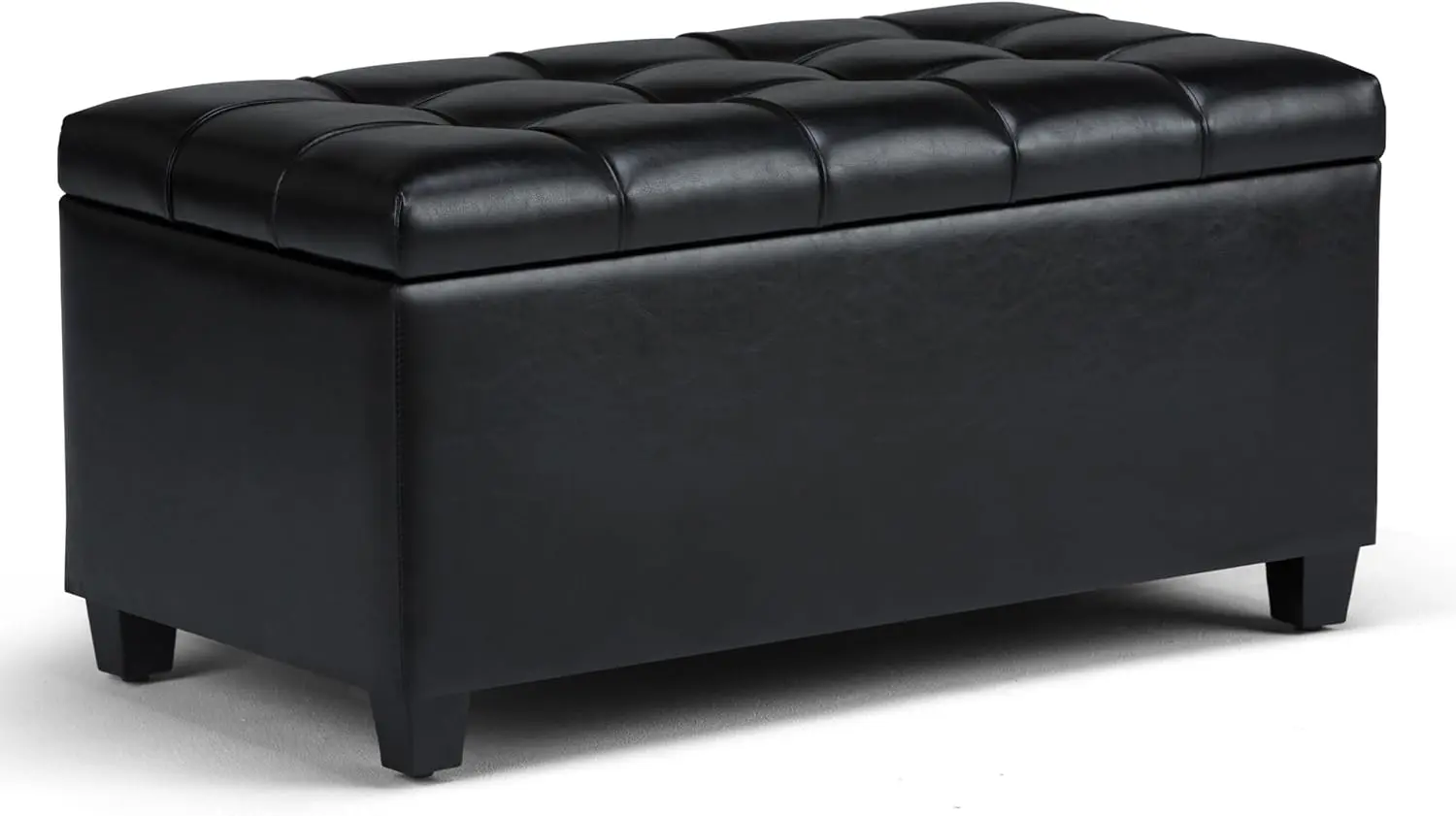 Sienna 34 Inch Wide Rectangle Lift Top Storage Ottoman Bench in Midnight Black Tufted Faux Leather, Footrest Stool, C