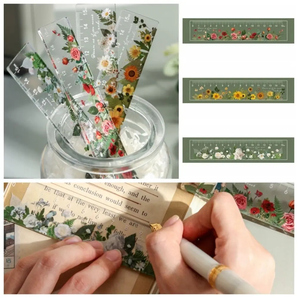 Creative Multifunction 15cm Straight Ruler Transparent Double-duty Math Drawing Ruler Rose Acrylic Flower Bookmark Office