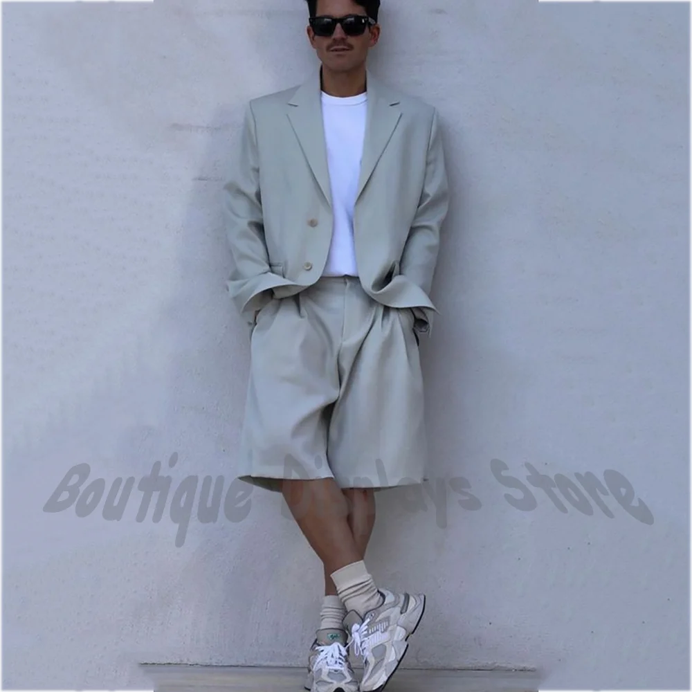 

Loose Casual Men's Suit Two Pieces Shorts Outfit Notched Lapel Blazer Pants with Pleated Wide Leg Summer Streetwear Daily Set