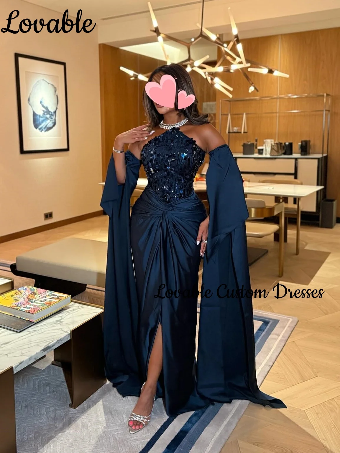 

Wedding Party Dress Customize Sheath Strapless Floor-Length Luxury Evening Dresses Lace Zipper Up Long Sleeves Dresses For Prom