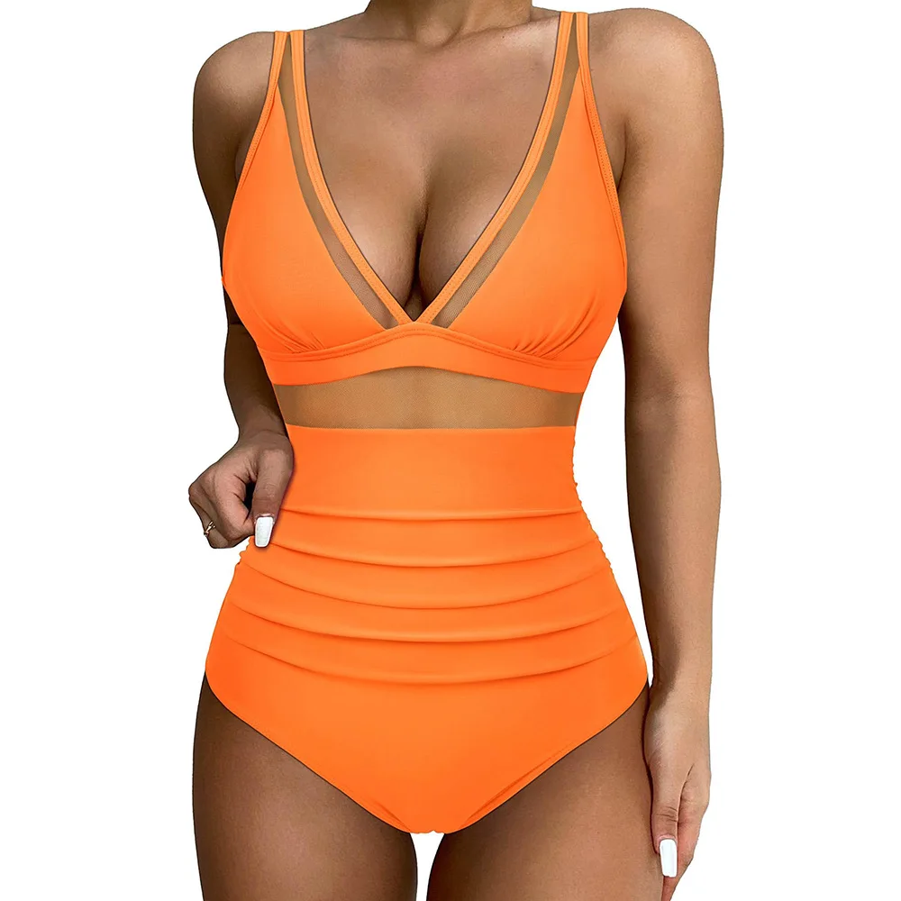 2024 Women Swimwear Sexy High Cut One Piece Swimsuit V Neck Mesh Tummy Control Red High Waisted Bathing Suit Female Monokini