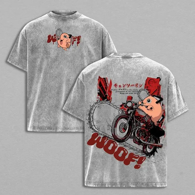 Pochita Chainsaw Man Anime Clothing Men Women Oversized T-shirts Short Sleeve Washed T Shirt Vintage Cotton Tshirt Harajuku Tops