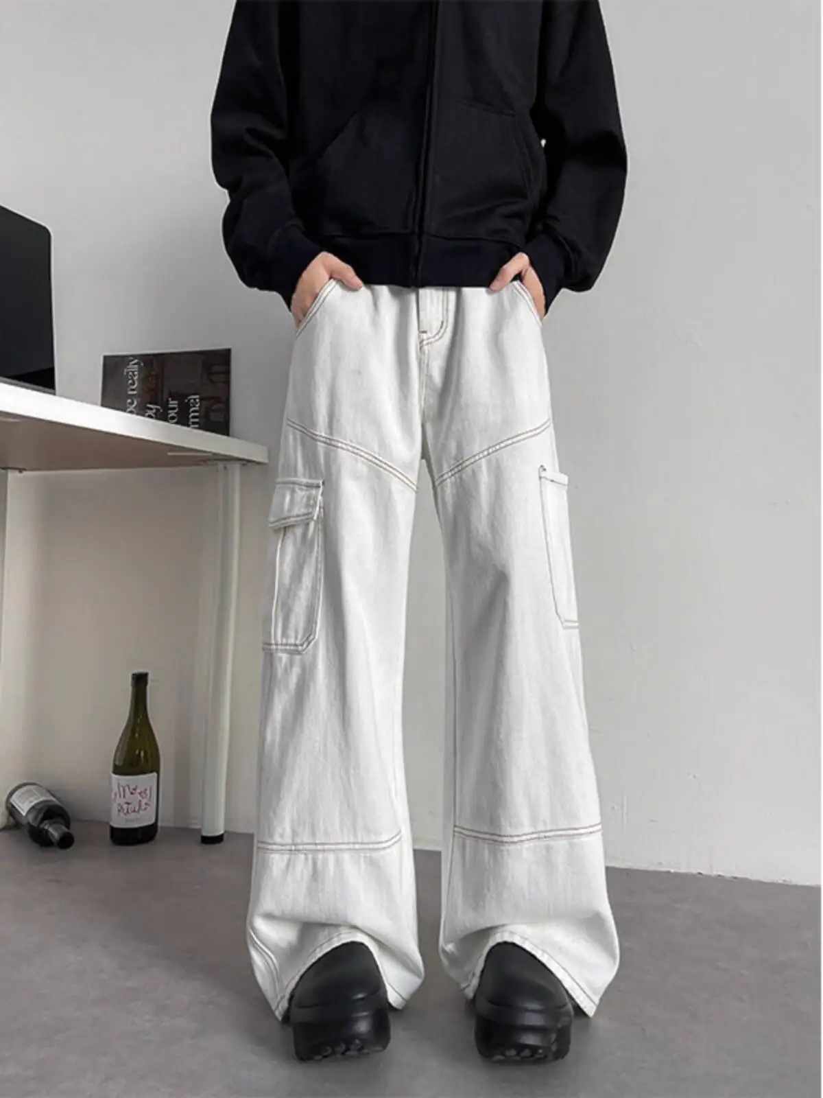 

Men's Cargo Pants 2025 Spring Autumn White Bootcut Jeans Vintage Cargo Style Plus Size Loose Straight Leg Wide Leg Pants