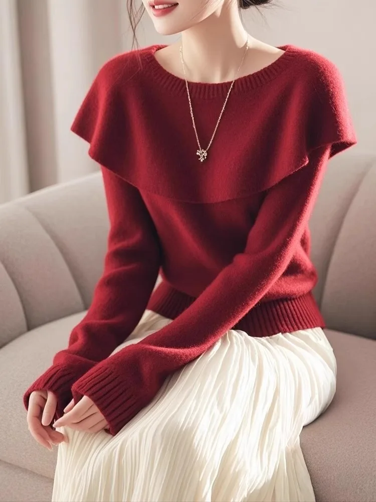 سترة نسائية محبوكة باللون الأحمر لربيع الخريف تصميم عالي ناعم ومريح علوي Sle للتنقل عتيق فضفاض مناسب مستدير Ne Long Sve