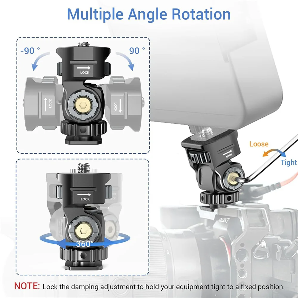 New DSLR Camera Monitor Mount Swivel and Tilt Adjustable Adapter w Cold Shoe 1/4 Screw Mount for Monitor Flash LED Fill Light