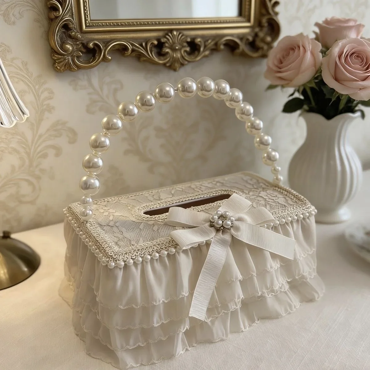 French Style Tissue Box Multi-Layer Lace Bow Pearl Room Decoration Home Decoration Embroidery Tissue Beige Storage Box