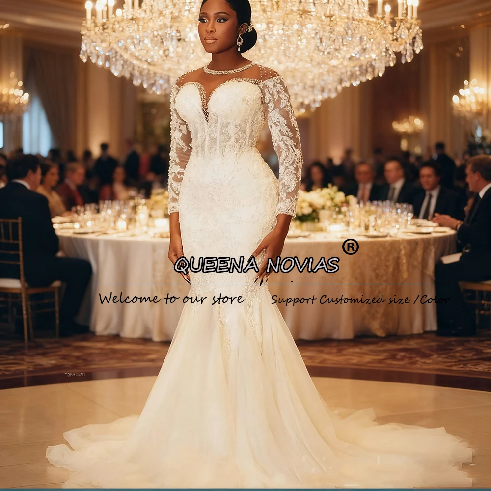 

Luxury Ivory Aso Ebi Mermaid Wedding Dresses For Black Girls Lace Appliques Beaded Long Sleeves Bridal Gowns חתונה שמלה