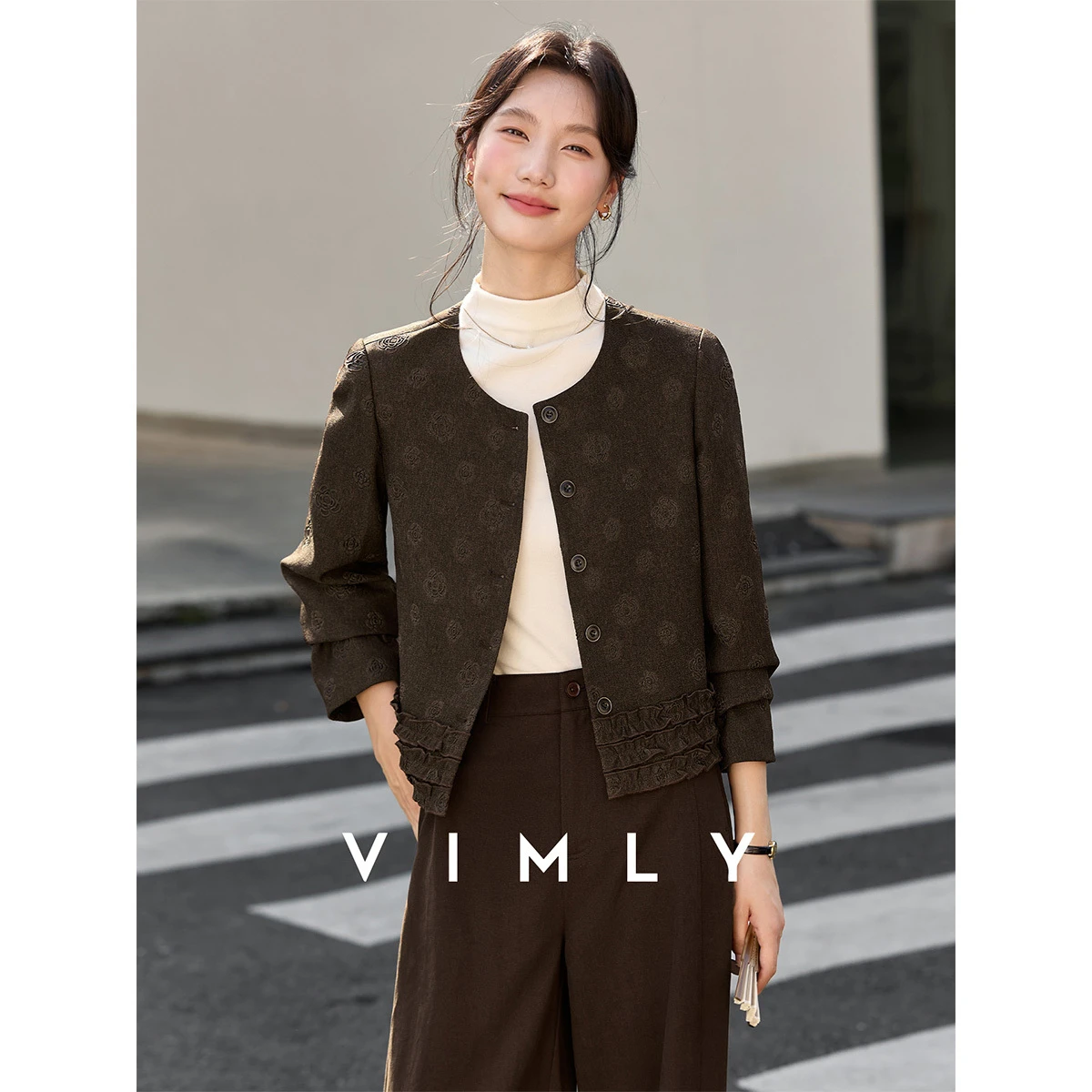 

Винтажная женская куртка Vimly, осень 2025, текстурированное жаккардовое однобортное пальто с рюшами и круглым вырезом, женская повседневная одежда A3135