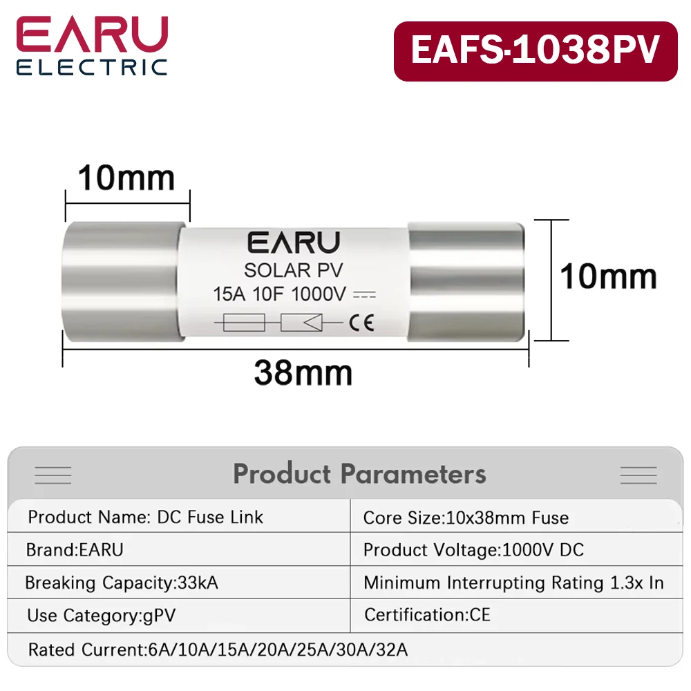 1PCS Solar DC 1000V DC 1500V PV Fuses 6A 10A 15A 20A 25A 30A 32A 50A High Voltage for Solar System Short Circuit Protection gPV