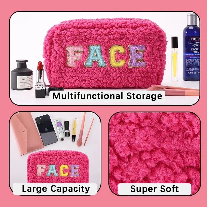 Letters Plush Makeup Bag Portable Small Travel Cosmetic Bag with Zipper Polar Fleece Pouch Bags for Women Girls Patch Pouches