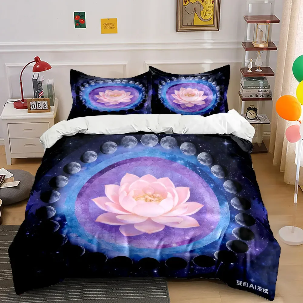 Moon Phases Lotus Meditation Decor 3PC,Multiple sizes kid's and adults' bedroom Exquisite 3PC bedding set, gift
