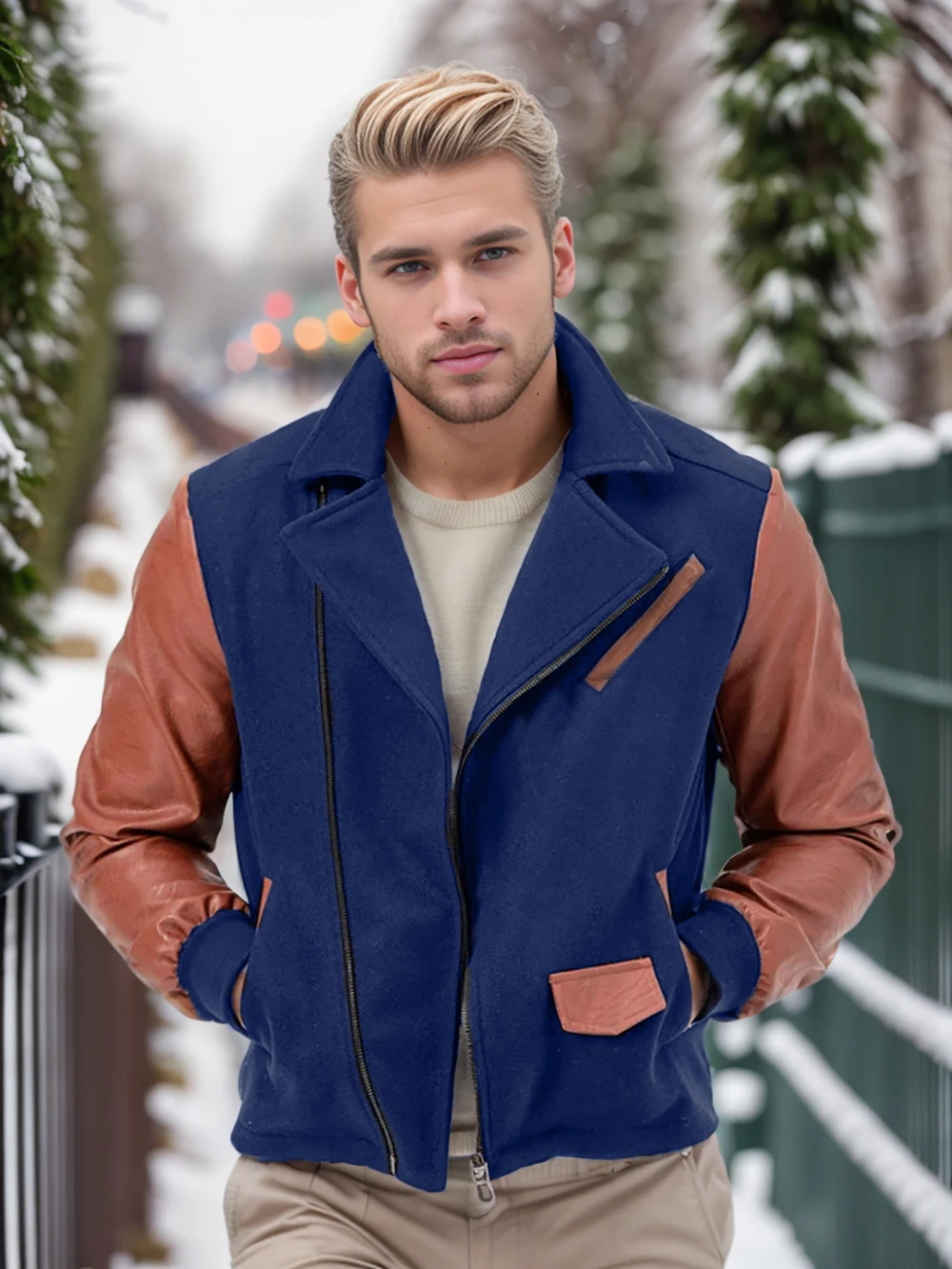 Men\'s new PU leather jacket spliced woolen lapel jacket color matching trendy versatile men\'s clothing zipper jacket
