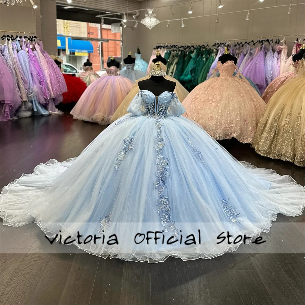 Applique renda biru bayi dari bahu 15 gaun Quinceanera 2024 gaun pesta Puteri gaun Quince gaun acara Formal manis 16