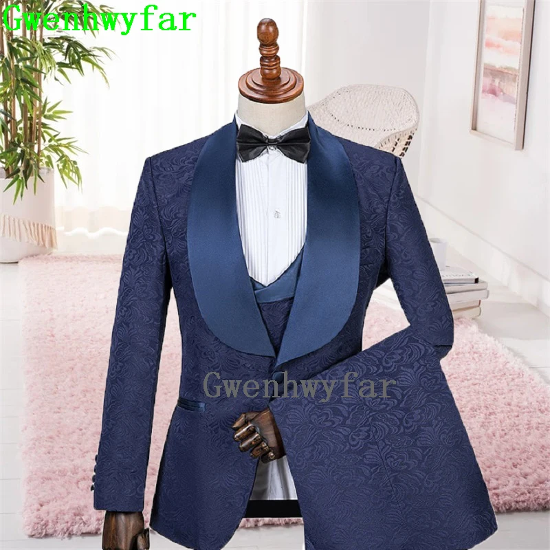 Gwenhwyfar-Chaqueta con estampado para hombre, Blazer de diseño Floral, color azul marino, Slim Fit, para boda