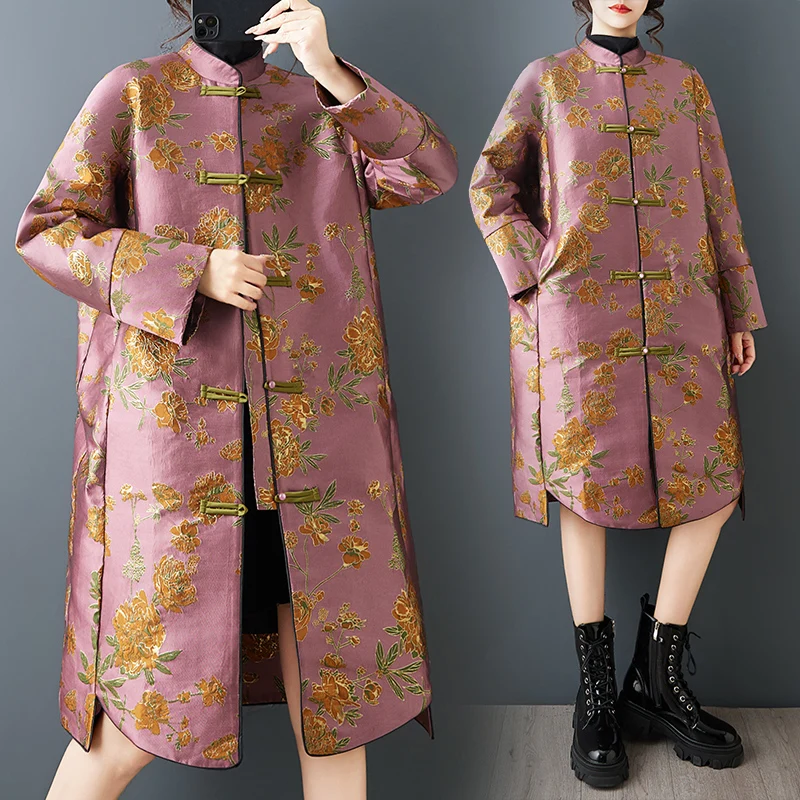 

Spring New Luxury Woven Gold Double Layer Loose Style Fashionable Chinese Buttoned Mid-Length Coat Casual High Waist Jacket