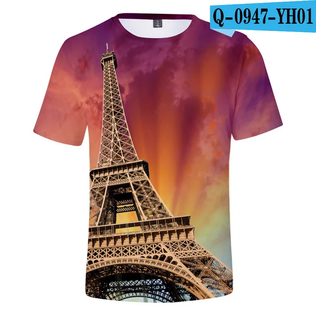 Tshirts France Paris Eiffel Tower 3D Print Summer Tees Streetwear Crew Neck  Short Sleeve Casual Oversized Men Women kids Tops