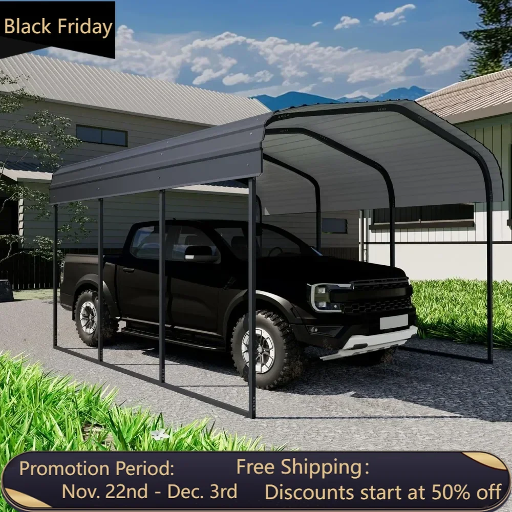 10 × 15 FT heavy-duty carport kit, metal garage carport roof with galvanized steel roof and frame, charcoal black