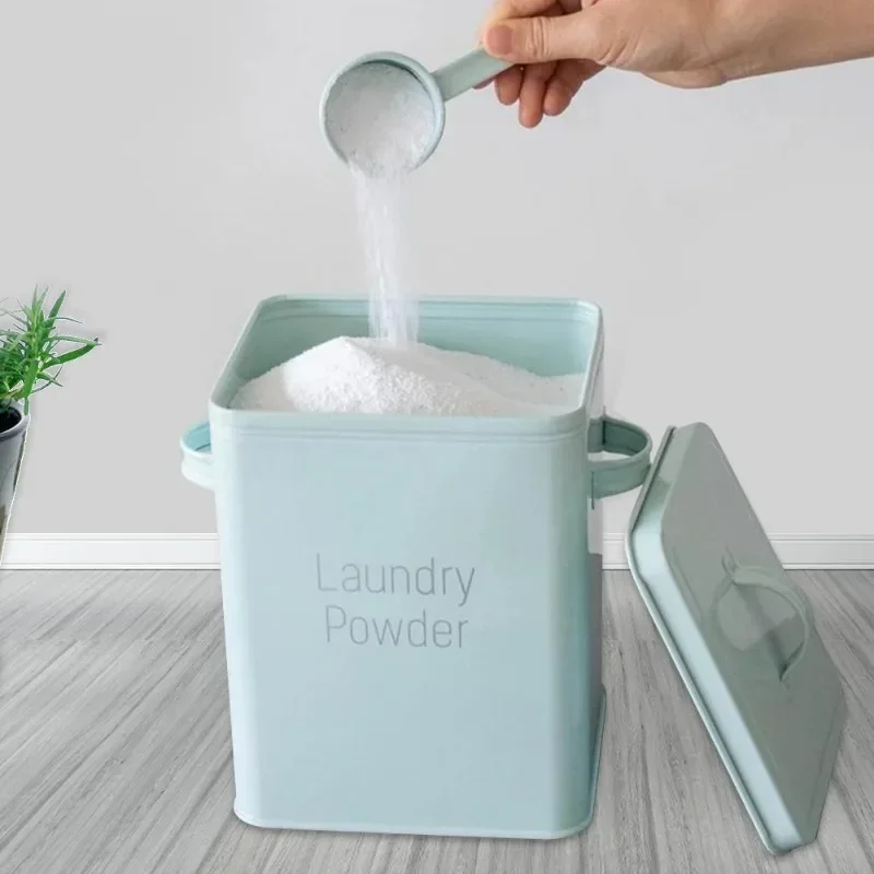 Large Capacity Laundry Detergent Powder Storage Tin Box Lightweight Grain Organizer Container Sealed  with Spoon Airtight Lid